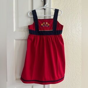 Hanna Andersson Red Dress with Embroidered Flowers & Ric Rac Trim Girls Size 120